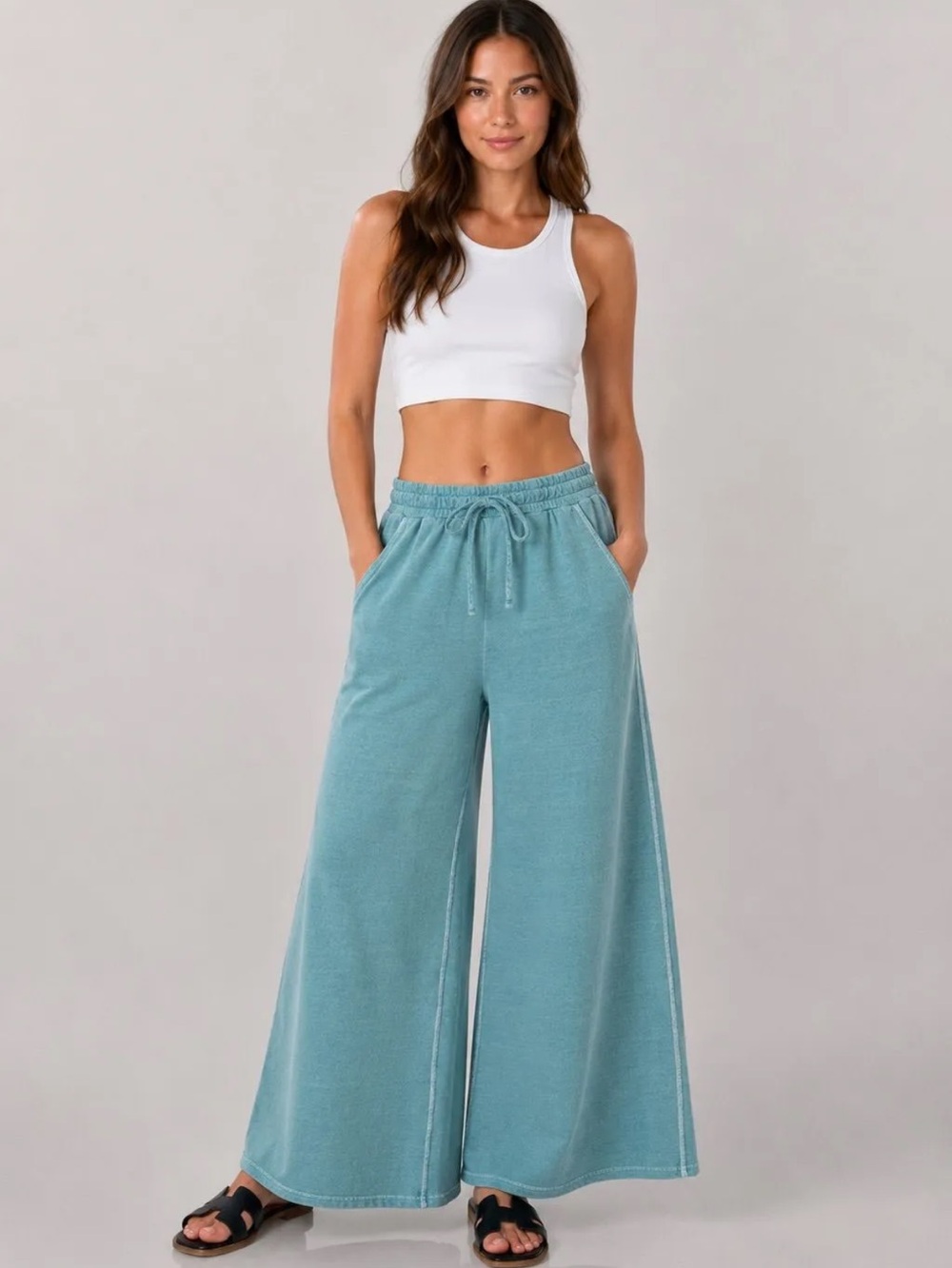 NEW Zenana 100% Cotton Blue Grey Washed French Terry Wide Leg Pants Small